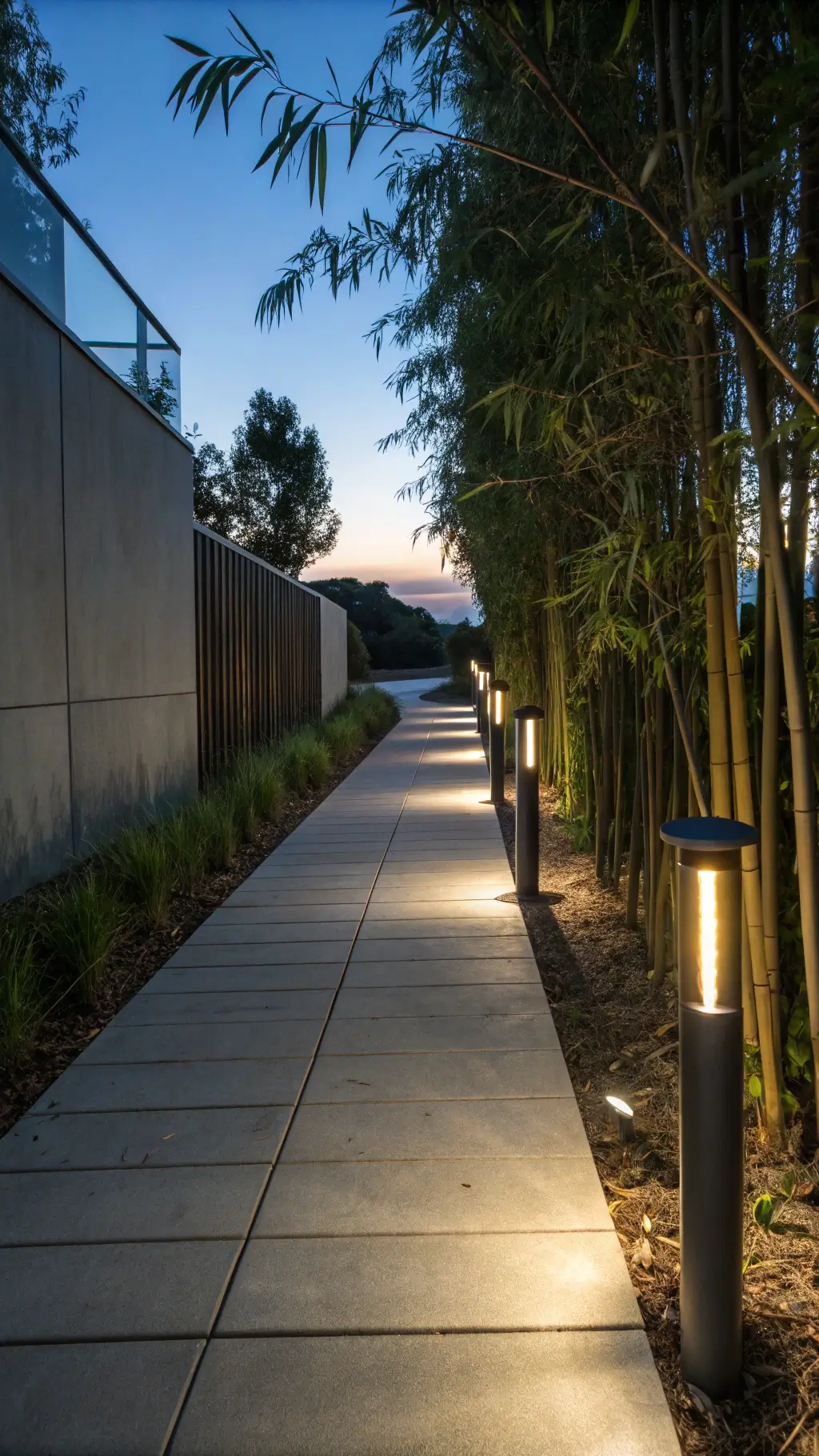 Modern garden path lit by bollard lights with bamboo silhouettes