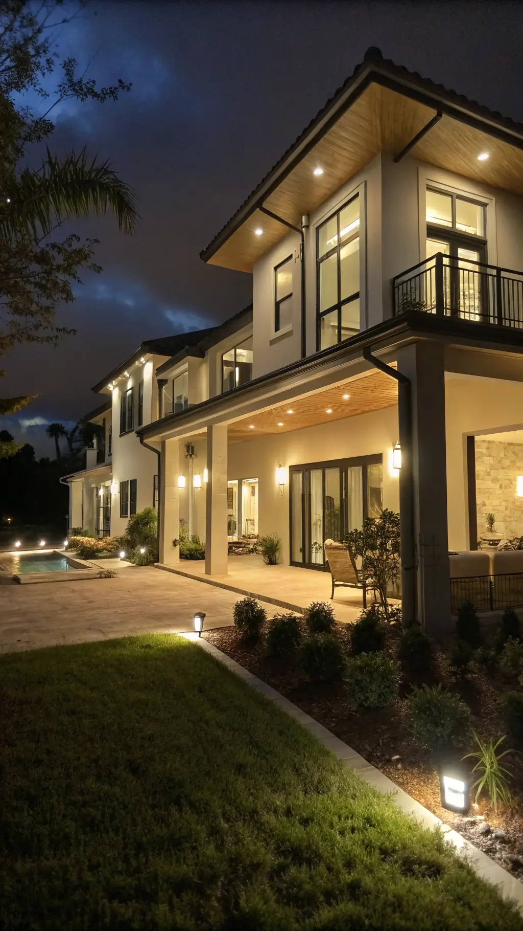 Modern home illuminated by motion sensor floodlights at night