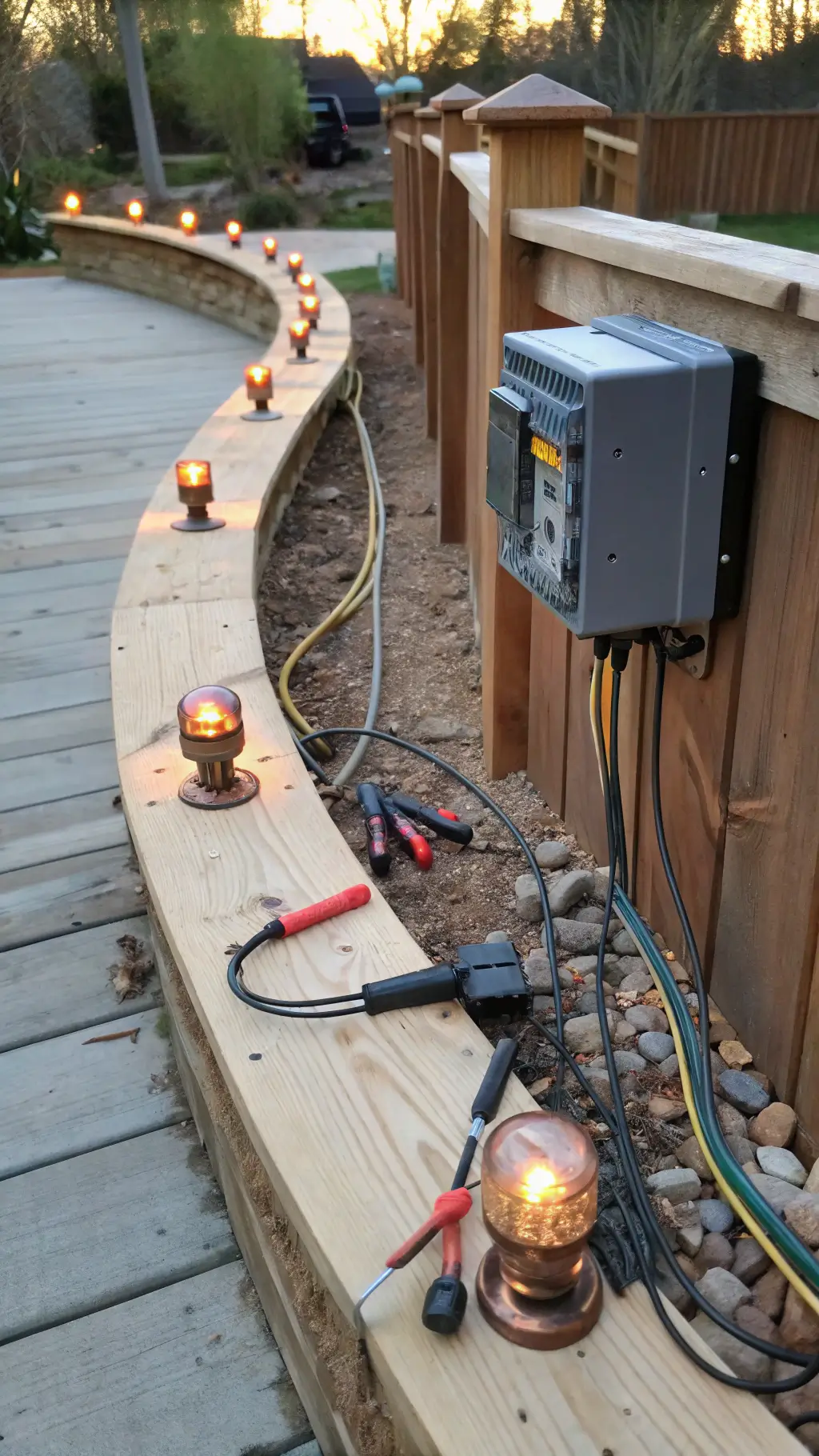 Professional-grade transformer being installed on cedar fence for DIY lighting