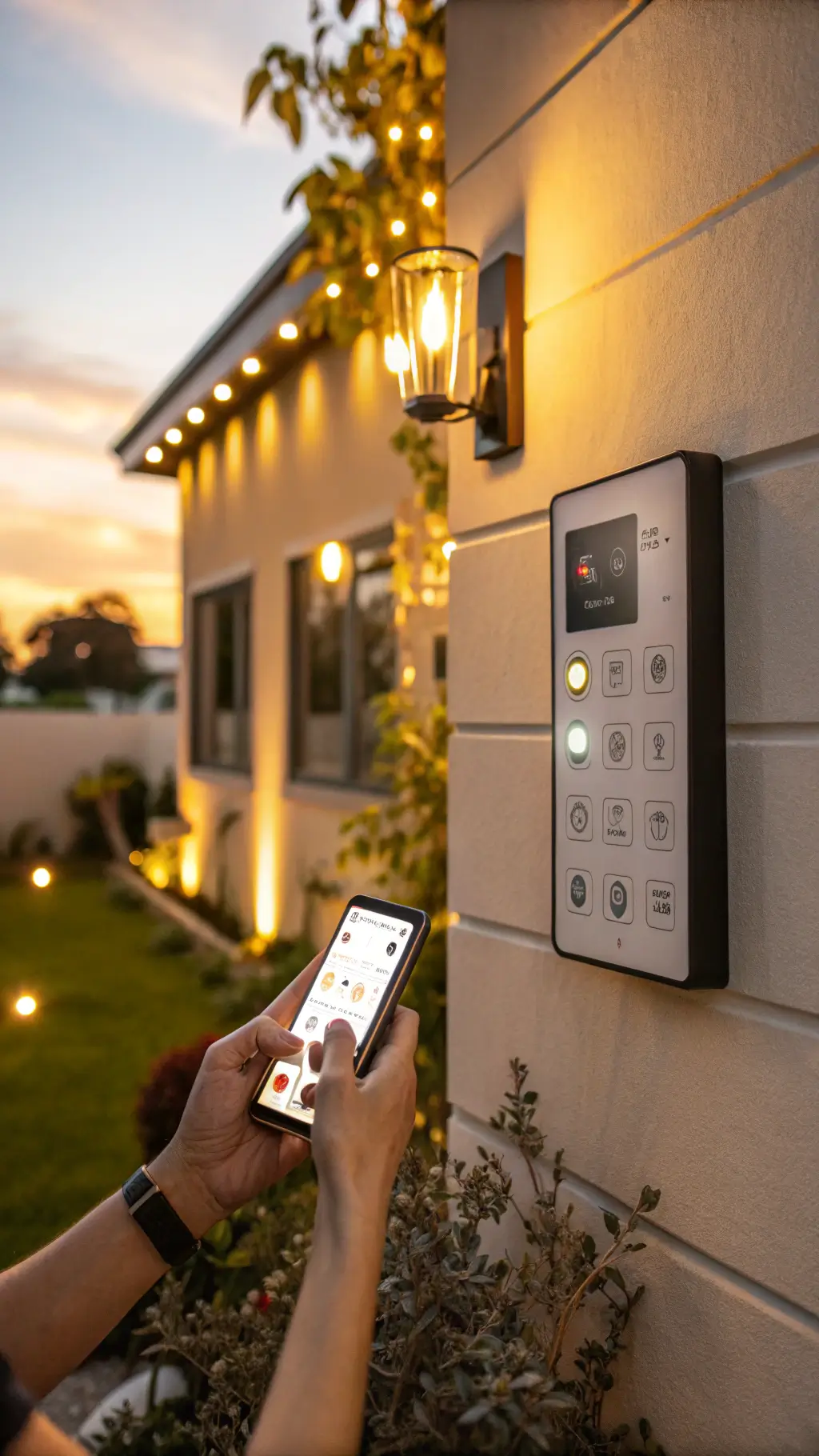 Hand holding smartphone controlling smart outdoor lighting