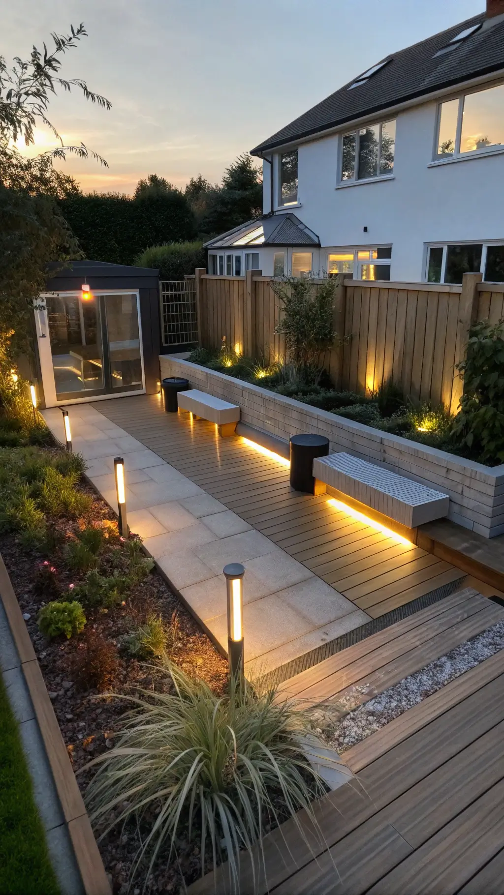 Contemporary garden with solar deck lights and LED strips during golden hour