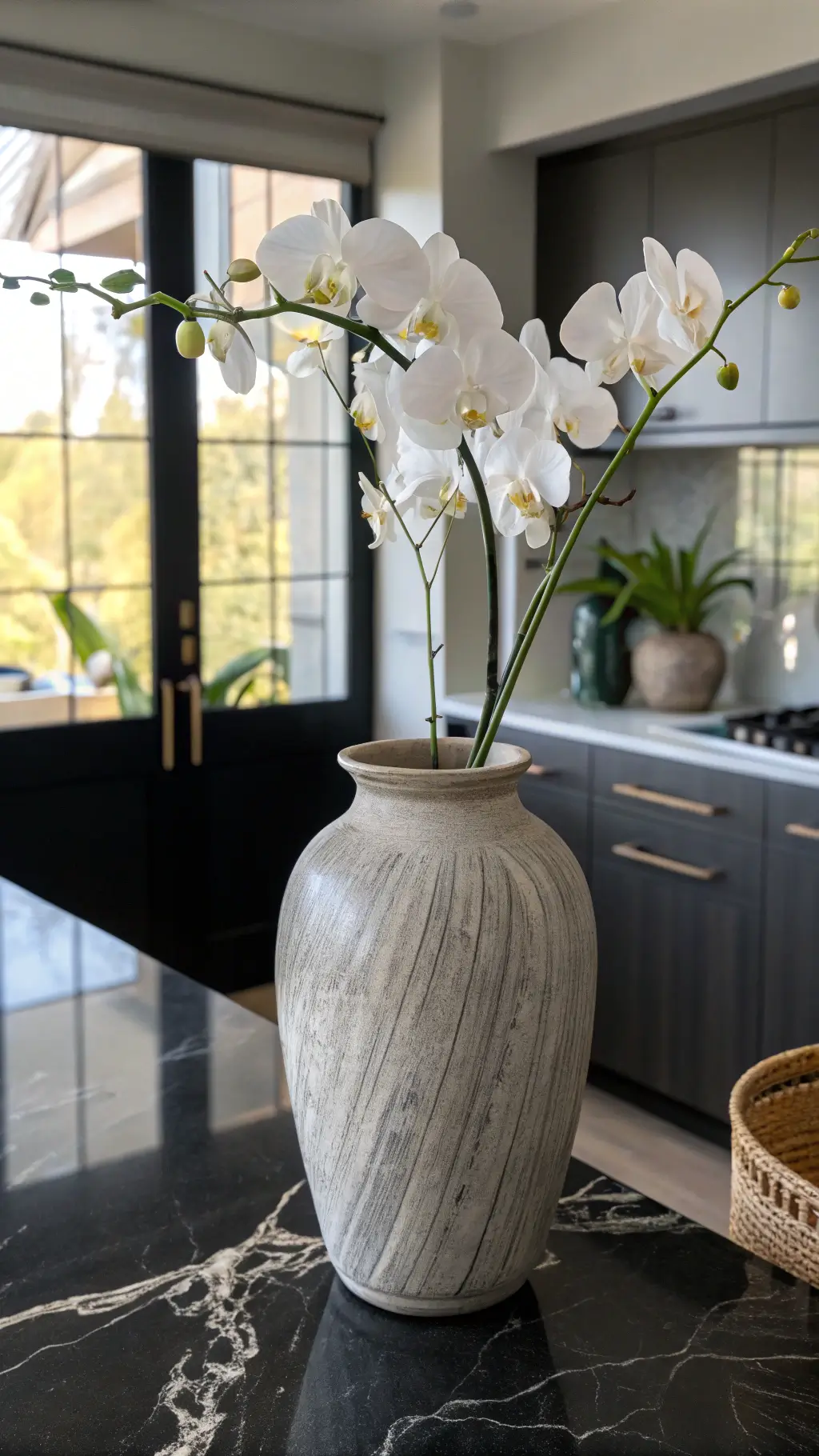 Gray canyon-style Japandi vase with white orchid on marble island