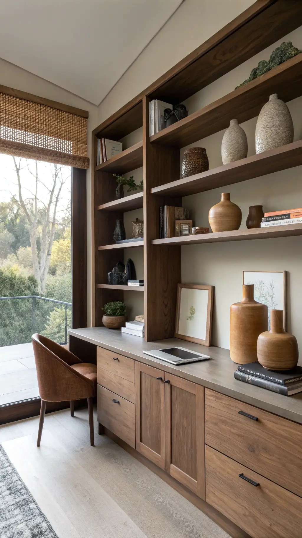 Modern office with earth-toned Japandi vases and brass accessories