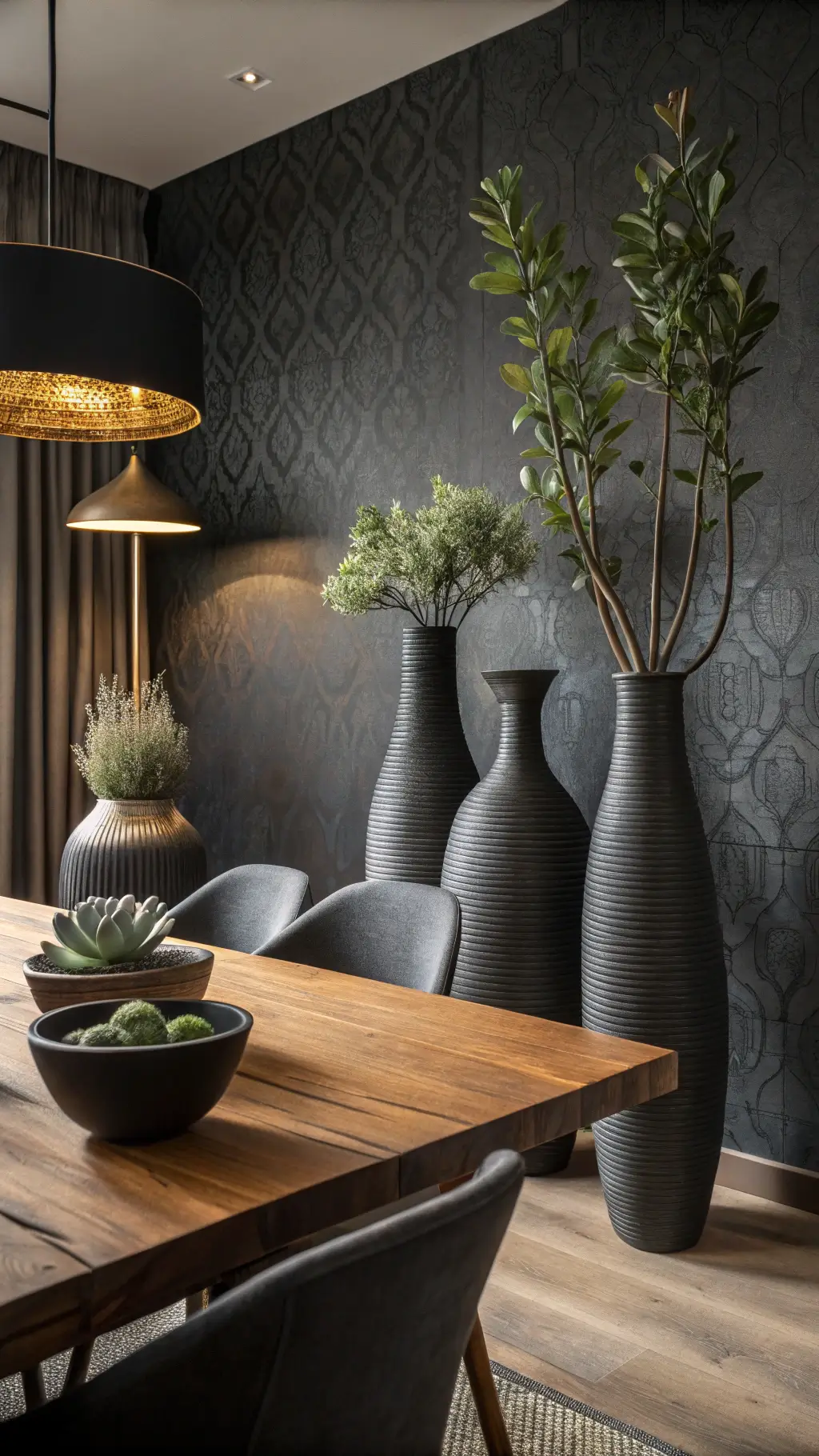 Dark ceramic Japandi vases with succulents in dining room