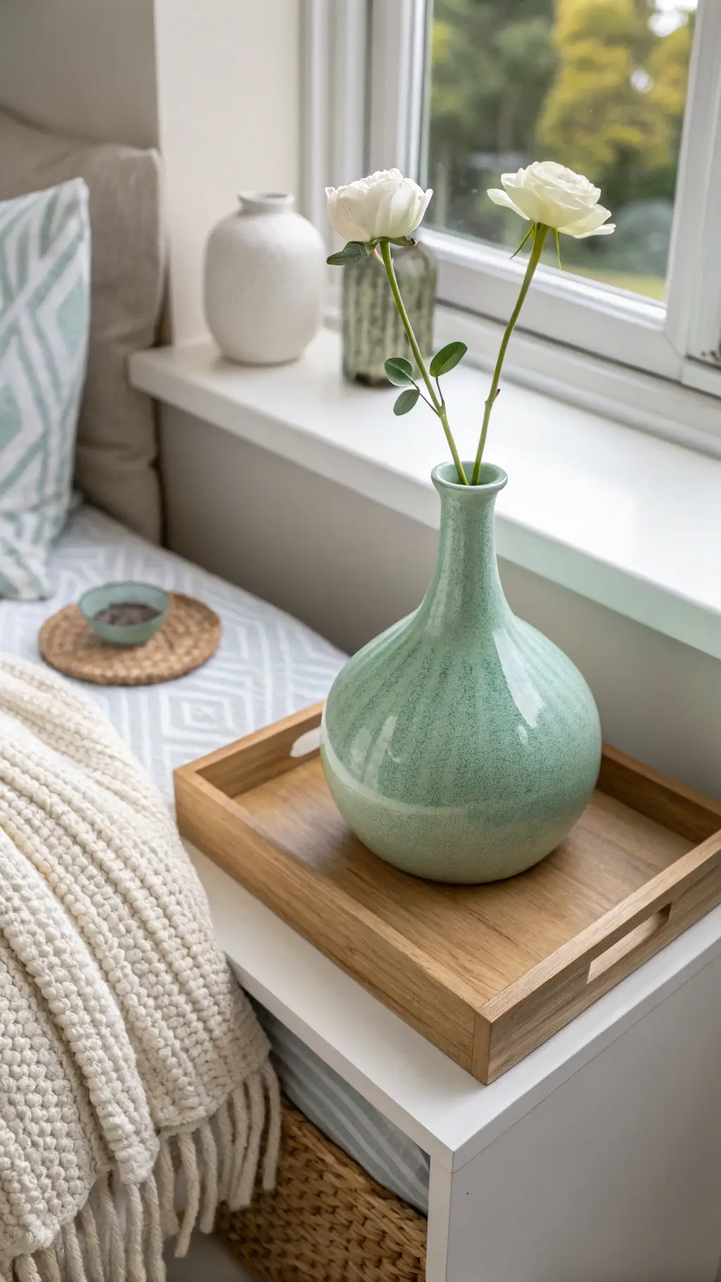 Celadon green Japandi vase with white ranunculus on oak shelf