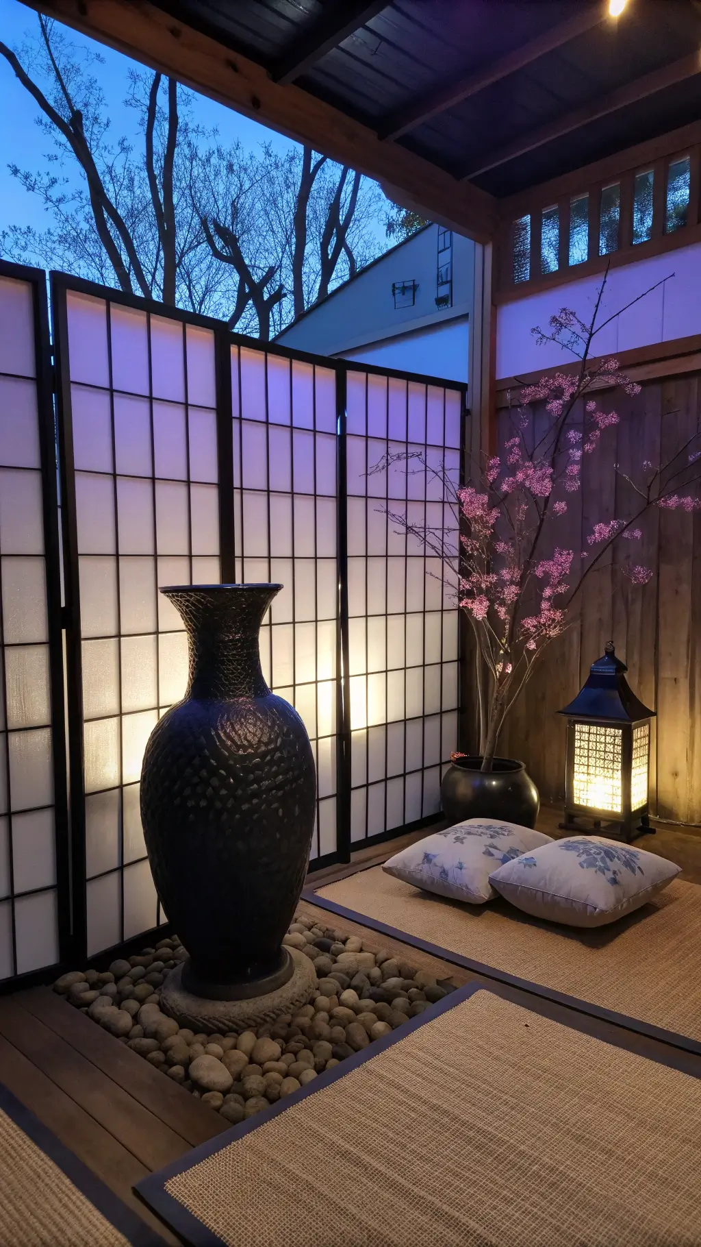 Zen-inspired meditation room with black ceramic Japandi vase