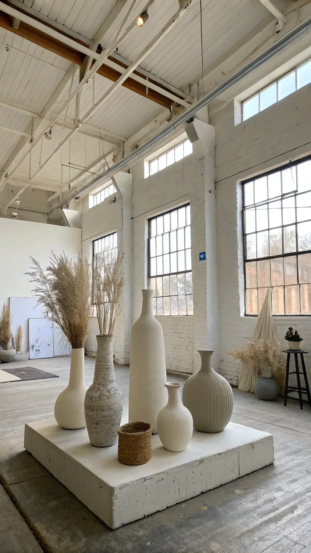 Five neutral-toned Japandi vases on concrete plinth in artist studio