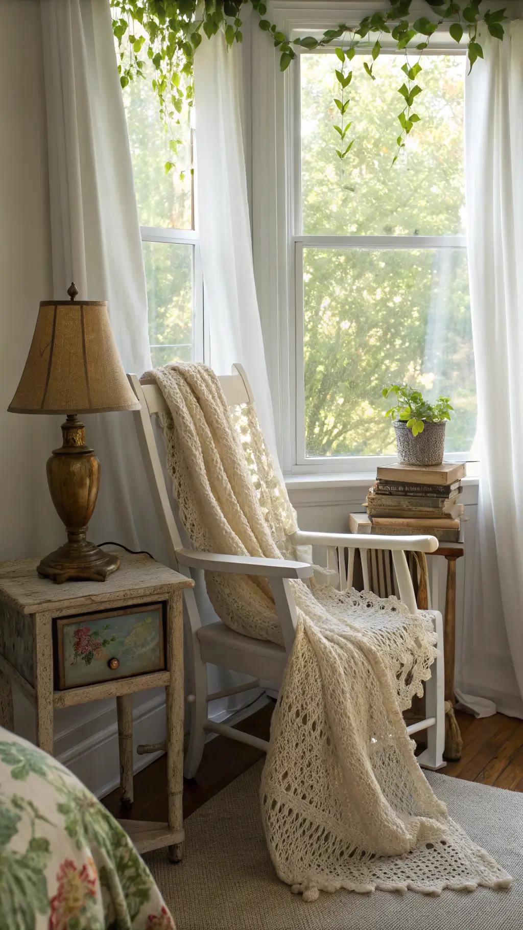 Cozy bedroom corner with a distressed white chair, side table, vintage books, brass lamp, bay window framed by botanical curtains and ivy, bathed in soft afternoon light.
