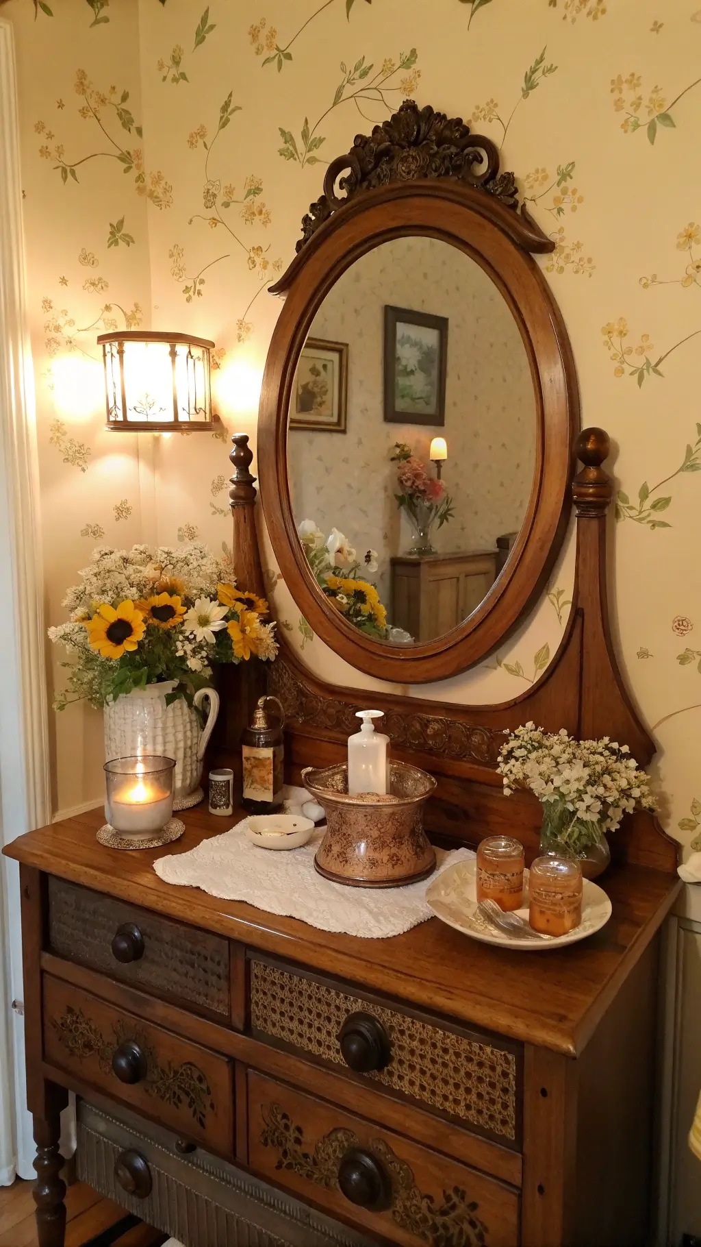 Cottage bedroom vanity bathed in warm sunset glow, featuring an antique wooden dresser with oval mirror, vintage perfume bottles, ceramic trinket dishes, wildflowers in copper vessels, and floral wallpaper.