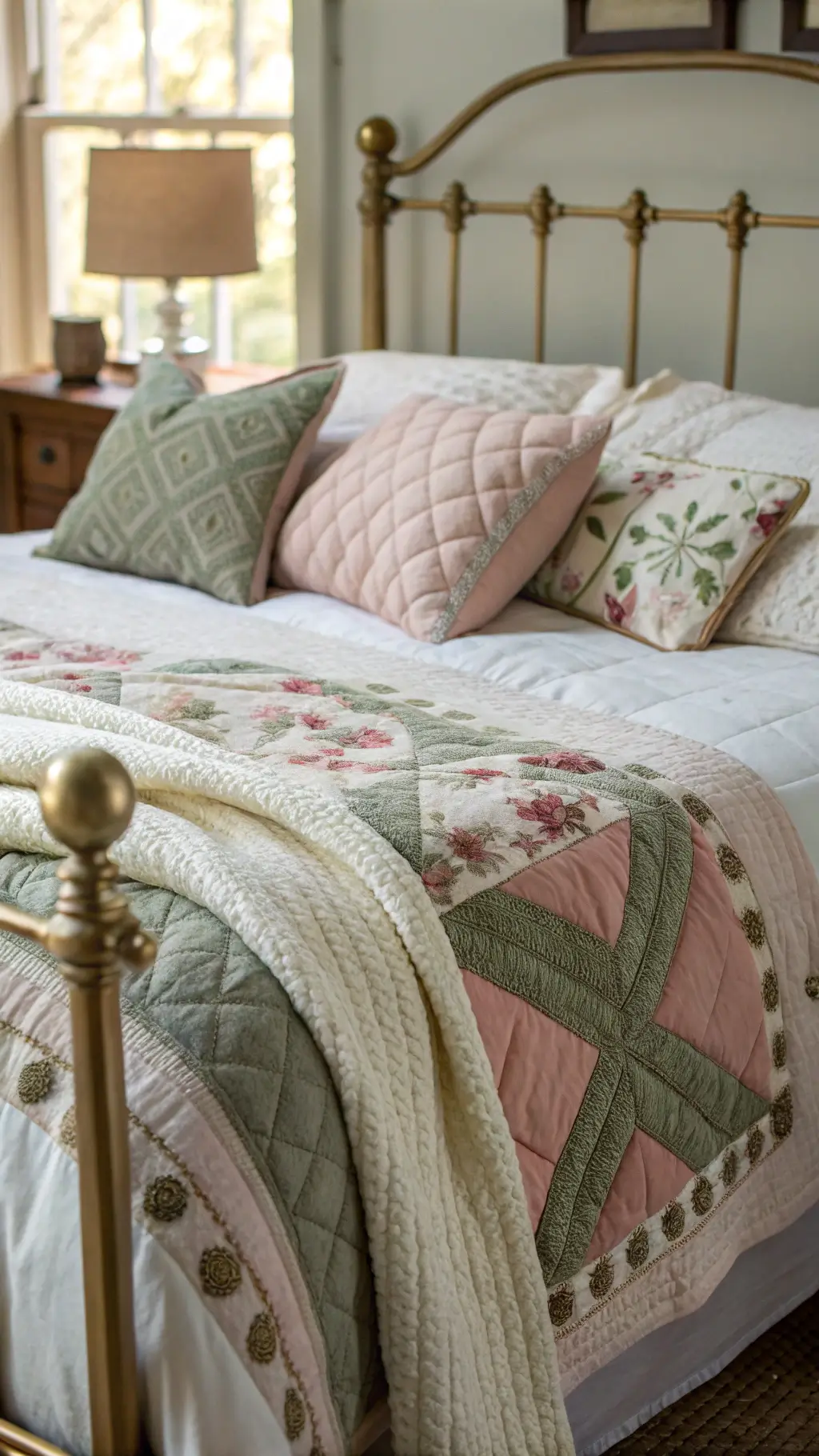 Close-up of layered bedding with rose and sage quilt, linen pillowcases, cream wool throws on an antique brass bed frame illuminated by morning light highlighting intricate textile patterns.