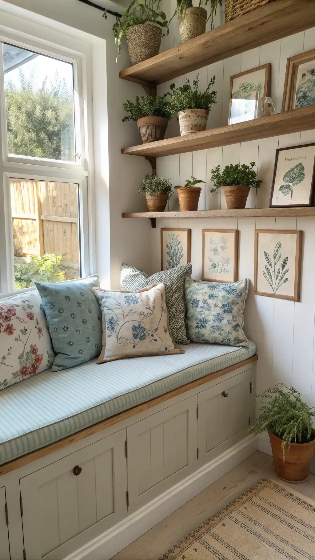 Cozy window seat nook with vintage floral cushions, wooden shelves, botanical prints, and trailing vine plants bathed in bright natural light.