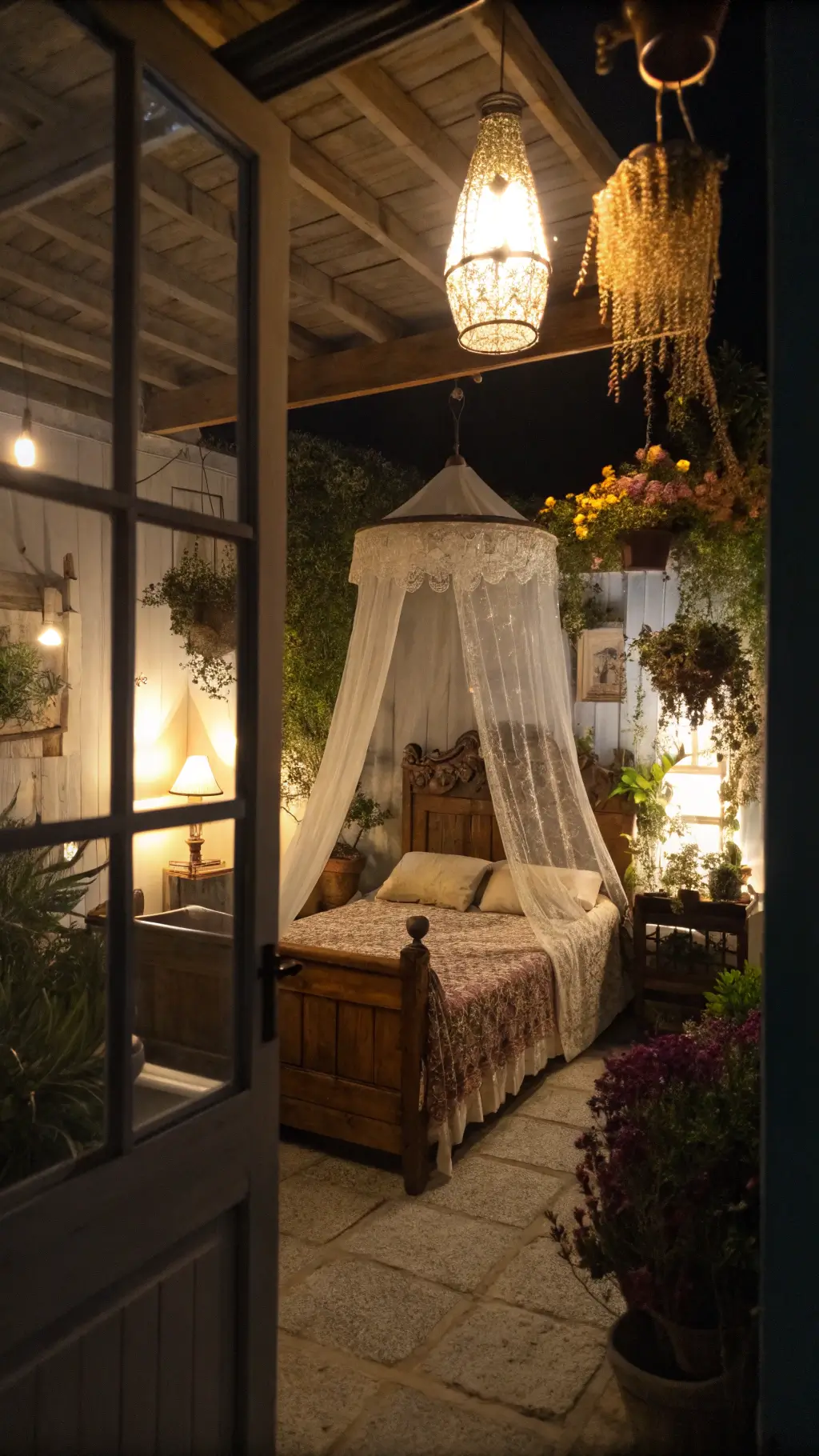 Vintage bedroom sanctuary at night with soft lamplight filtering through lace lampshades, antique wooden bed with sheer canopy, and dried flowers hanging from wooden beams.