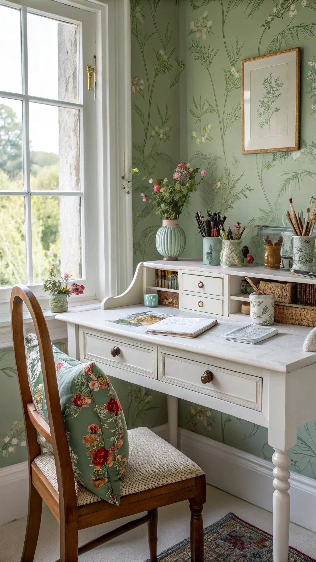 Vintage-inspired workspace in bedroom with botanical wallpaper, distressed white desk, wooden chair with patterned cushion, ceramic vessels, art supplies, and dried flowers illuminated by morning light.