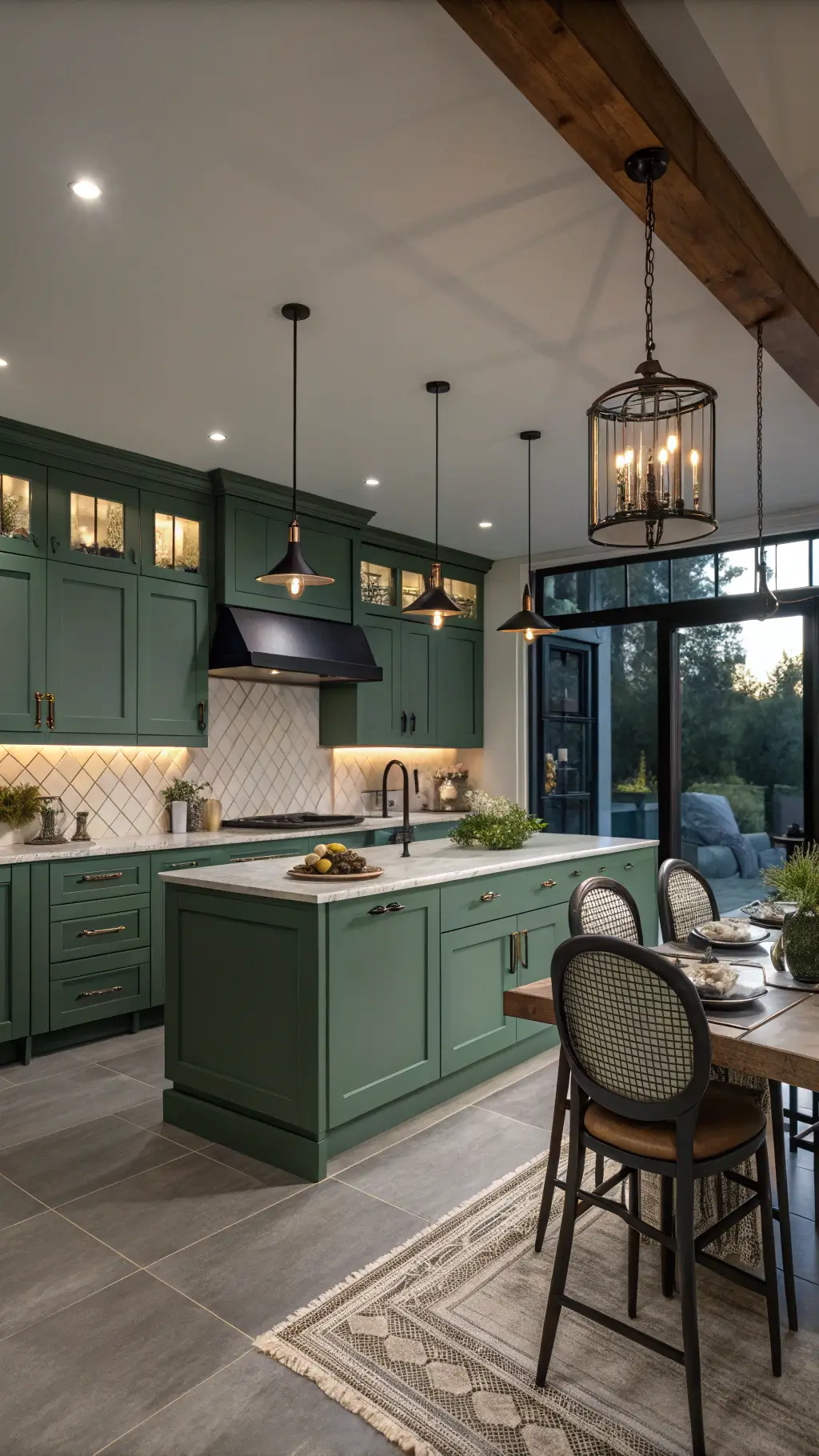 dramatic open-concept kitchen drenched in deep sage green color with modern matte black hardware brushed brass accents white ceramics and warm ambient pendant lighting photographed from dining area during blue hour