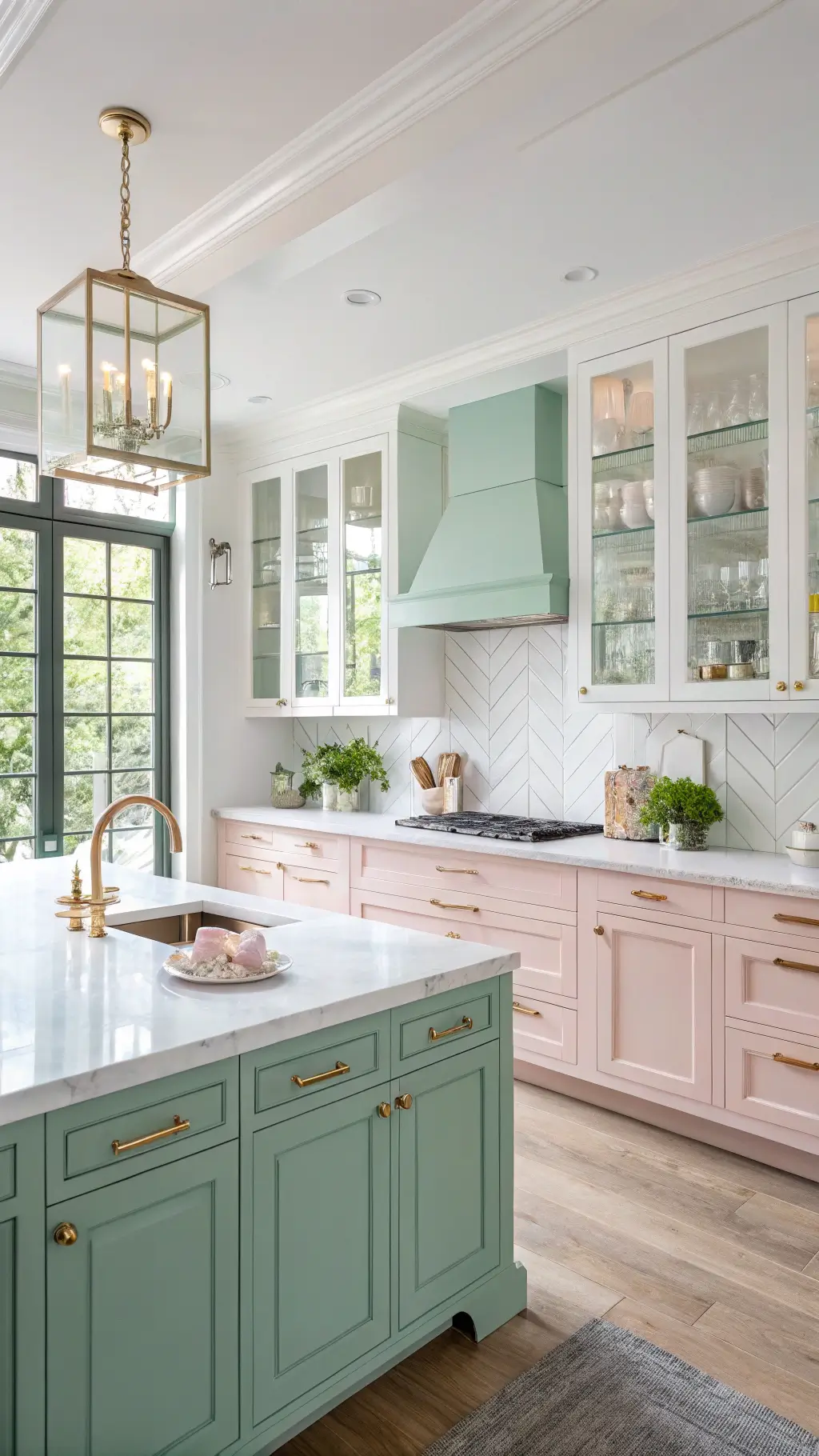 bright spacious kitchen with blush pink cabinets a mint green island and white marble countertops illuminated by natural light from tall windows with brass hardware wooden accents and vintage glassware