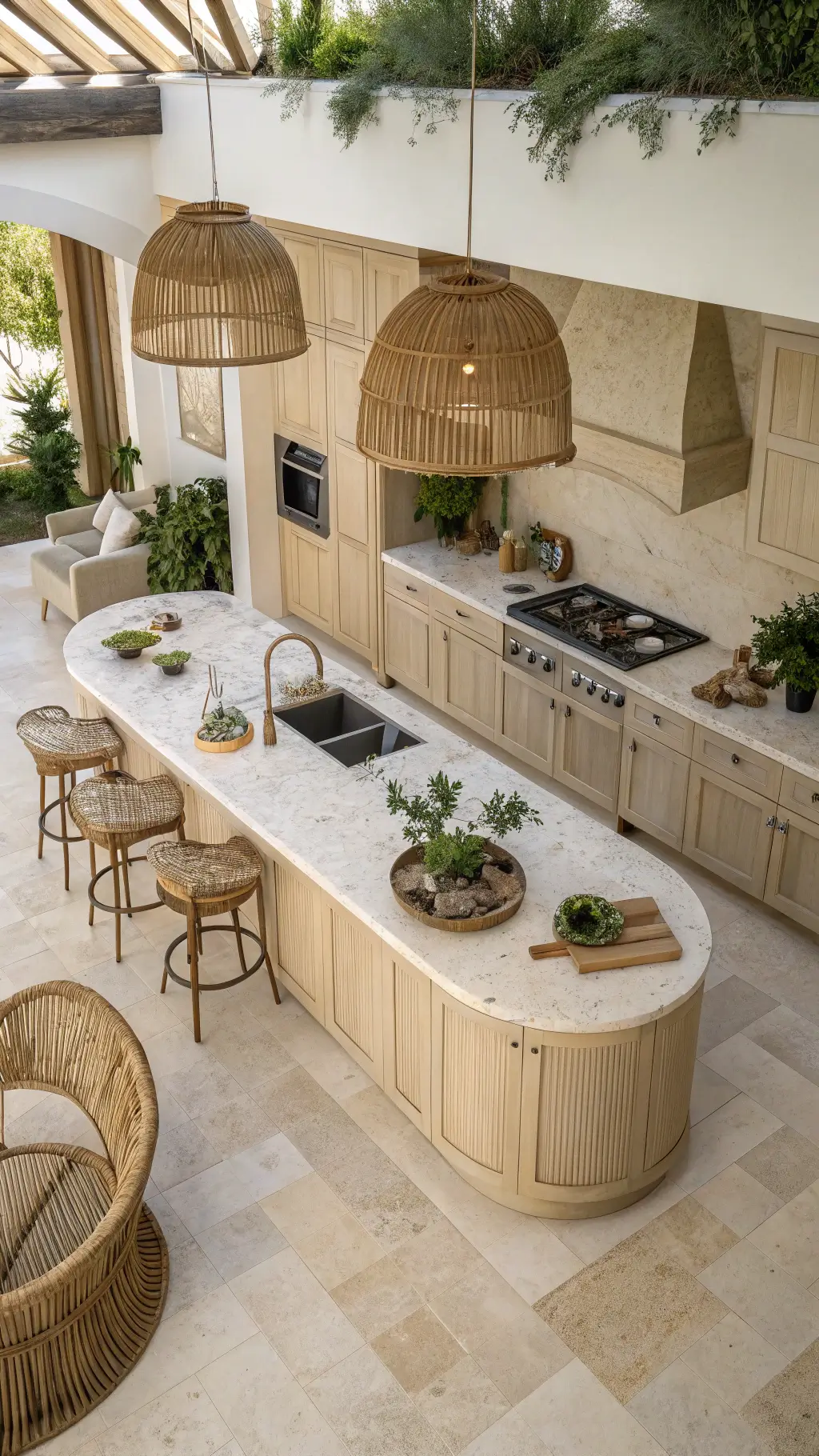 overhead view of a spacious kitchen with sculptural curved island in cream limestone fluted oak cabinets integrated sink and cooktop styled woven pendants seating cascading plants soft afternoon light