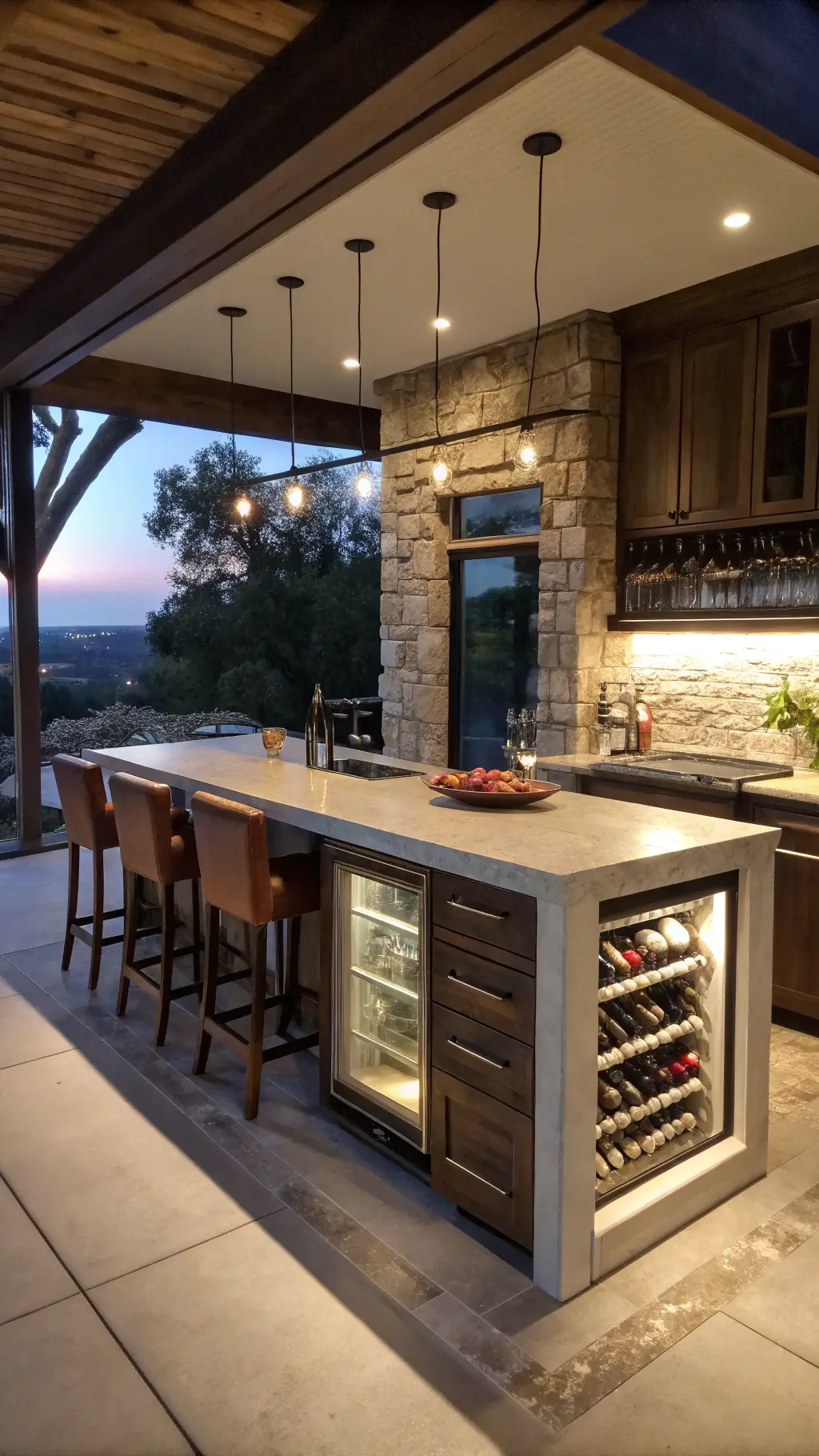 elegant multi-functional kitchen island with waterfall quartz countertops built-in wine storage warming drawers hidden outlets raised bar leather-wrapped seating shot in the evening light under-cabinet lighting highlighting texture and styled modern tableware