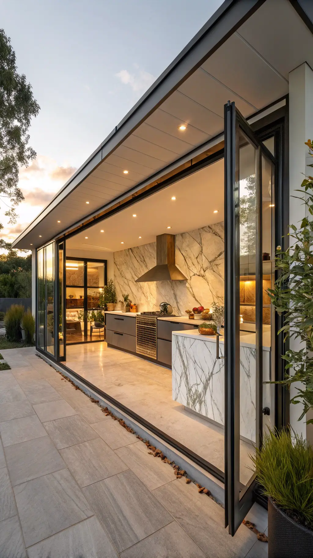 indoor-outdoor kitchen with retracted accordion glass doors at sunset showcasing a seamless transition from interior cooking space to covered outdoor marble backsplash potted herbs textiles and evening lighting for ambiance