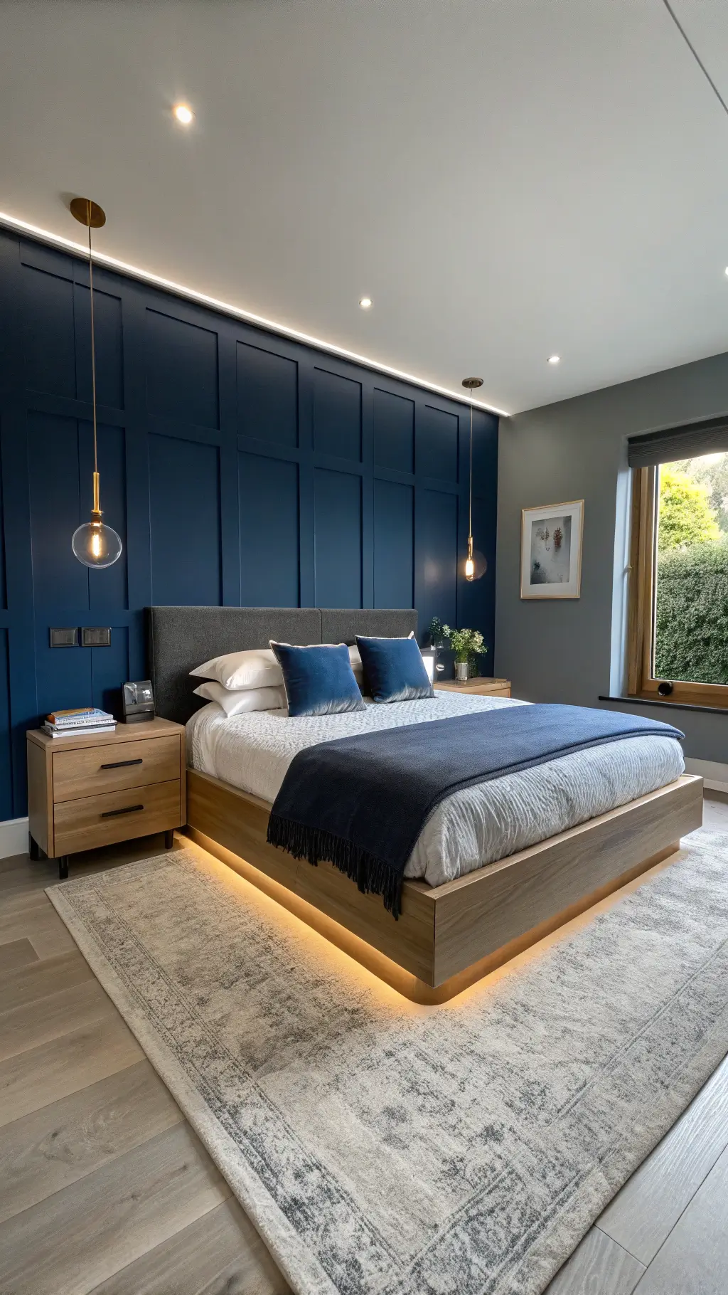 Contemporary bedroom with navy walls, floating platform bed, hidden LED lighting, wireless charging pads, and built-in speakers
