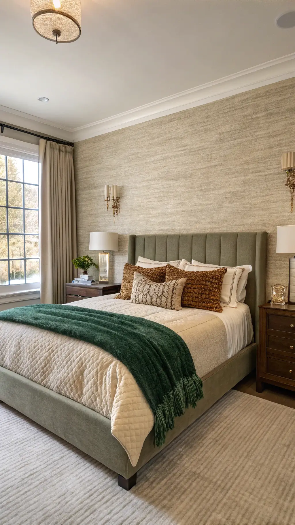 Cozy bedroom featuring textured granite wallpaper, emerald velvet headboard, knit throws, and handwoven earth-toned pillows