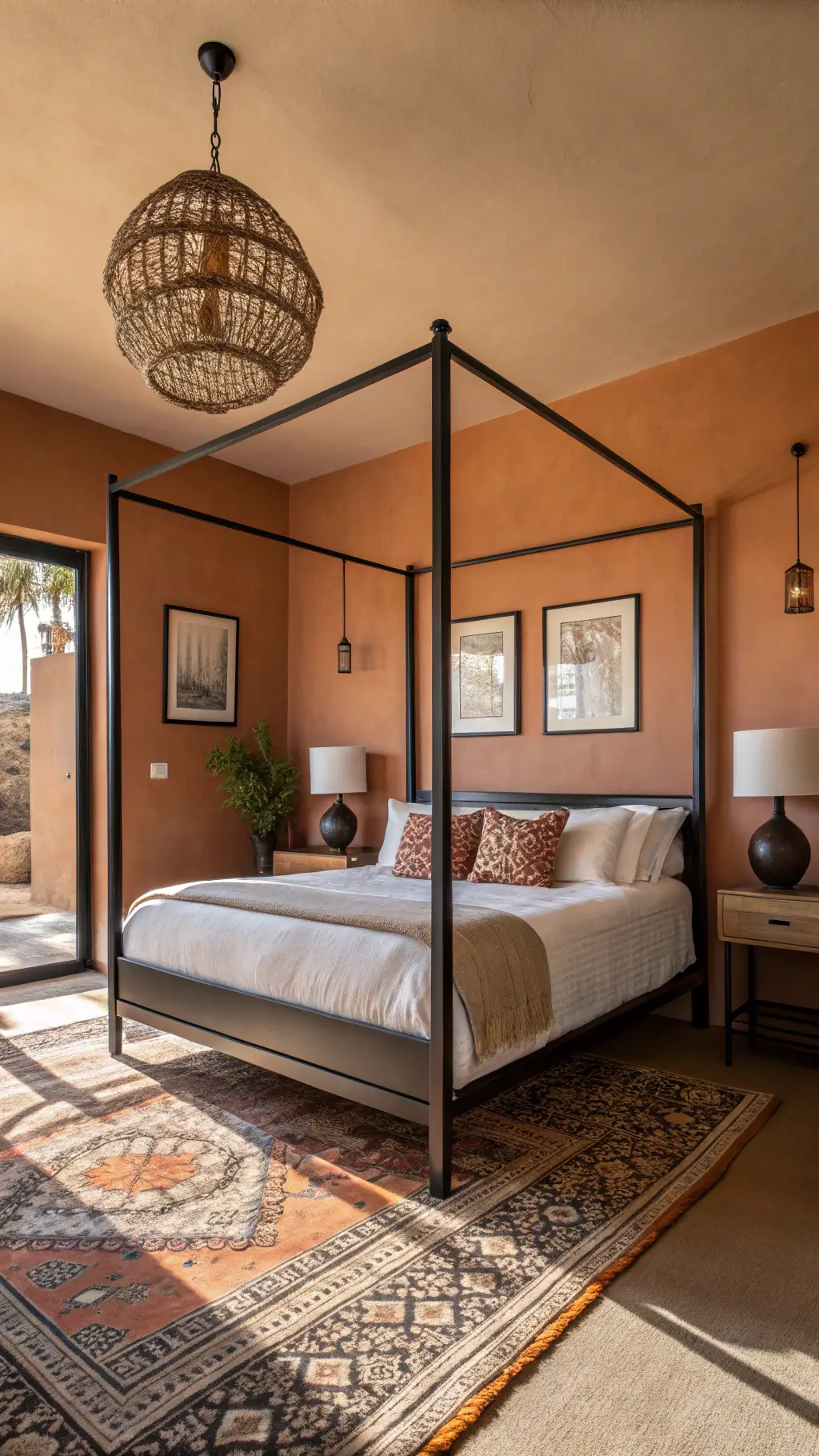 Contemporary bedroom with terracotta walls, black steel four-poster bed, ceramic pendant lights, and a vintage Moroccan rug