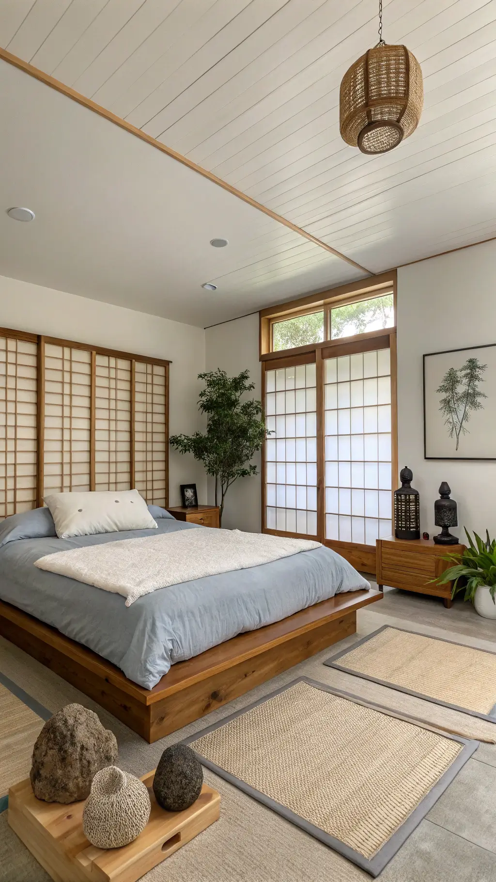 Zen-inspired bedroom with warm white walls, Japanese wood screen, minimalist platform bed, stone sculptures, bonsai, bamboo blinds, and soft morning light