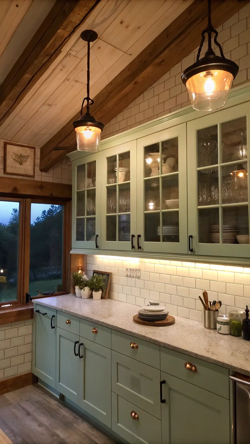 cozy cottage kitchen at dusk with frosted glass cabinets exposed wooden beams mint-green lower vintage pendant lamps and cream-colored subway tile backsplash