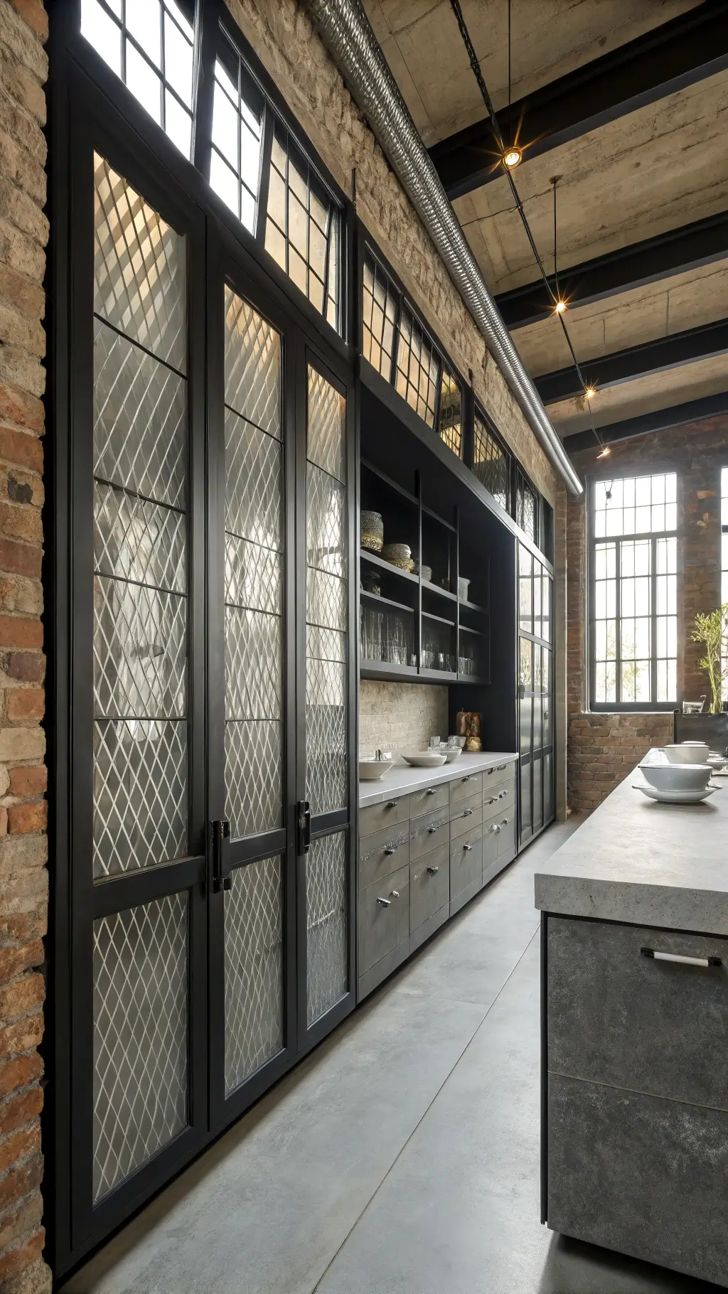 industrial-style loft kitchen with exposed brick wall black steel beams matte cabinets textured glass doors concrete countertops and morning light filtering through large factory windows