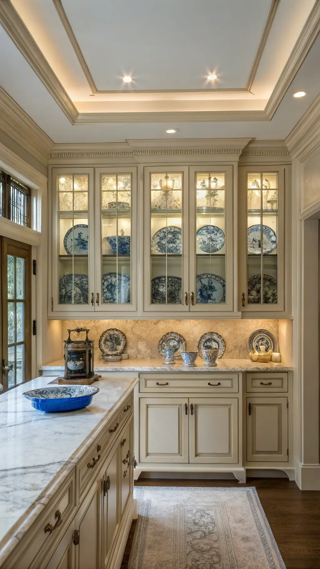 classic cream-colored kitchen with mullioned glass cabinet doors displaying blue and white chinaware featuring a marble island centerpiece under tray ceiling crown molding taken at midday soft diffused natural light
