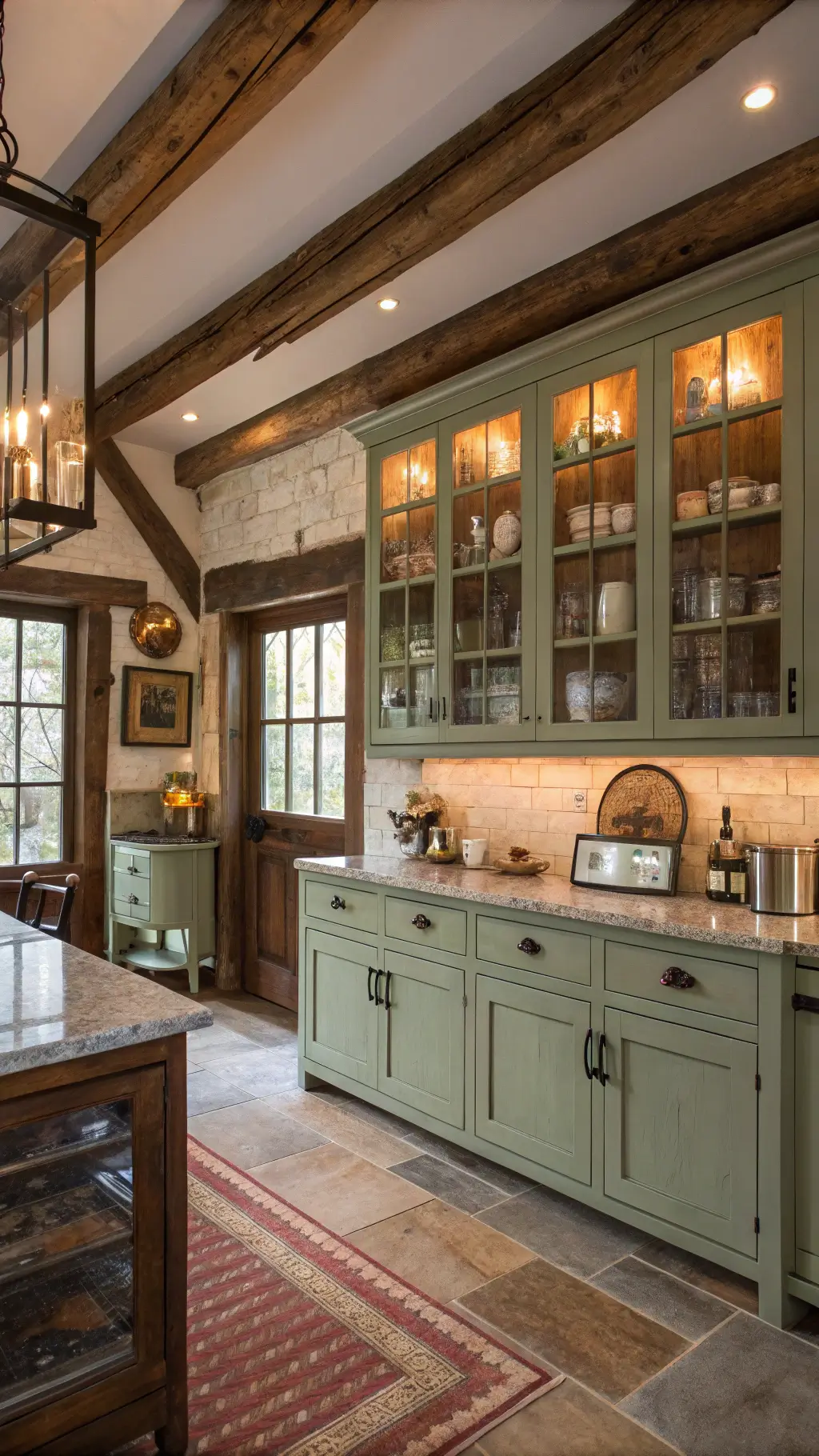 rustic farmhouse kitchen with sage green cabinets vintage mason jars copper accents and reclaimed wood beams lit by warm afternoon light