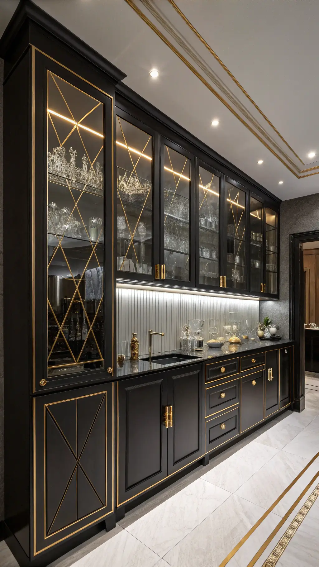 art deco designed kitchen with black lacquered cabinets gold trim illuminated vintage barware smoked glass and dramatic backlighting showcasing tall ceiling geometric crown molding