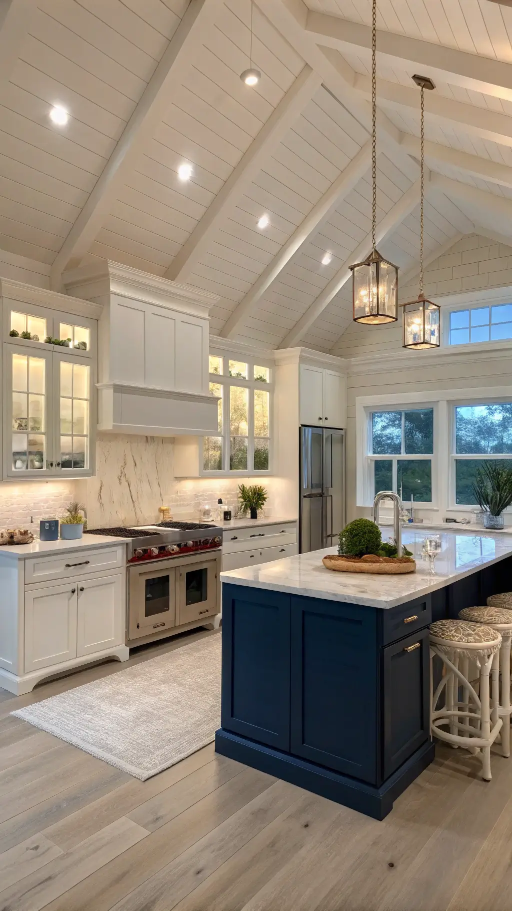 Coastal kitchen with cream canvas cabinets and navy blue island