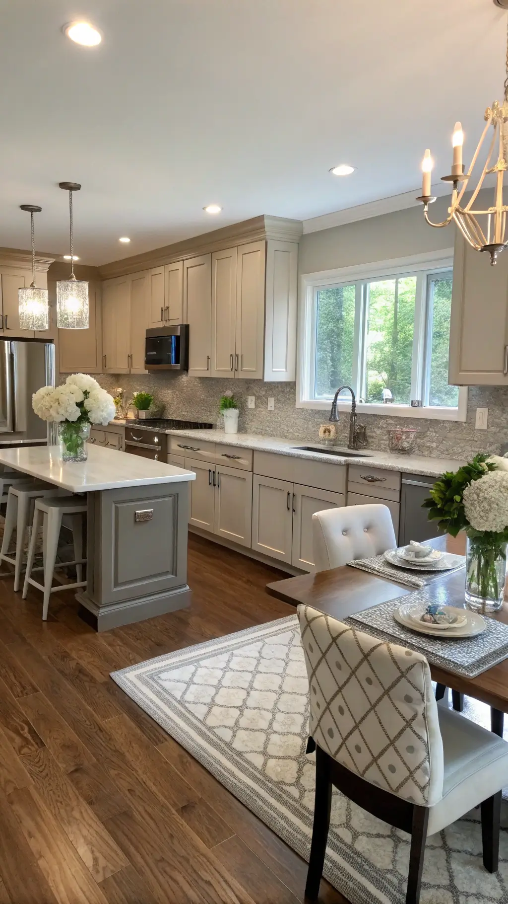 Transitional kitchen with greige cabinets and quartz island