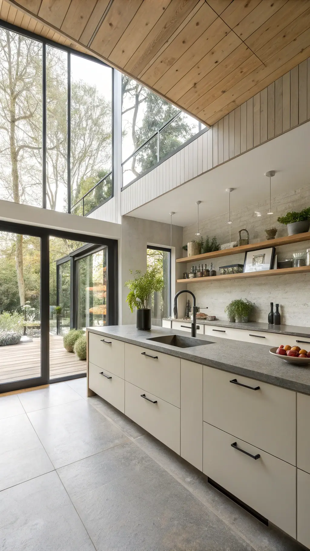 Contemporary kitchen with off-white cabinets and concrete countertops