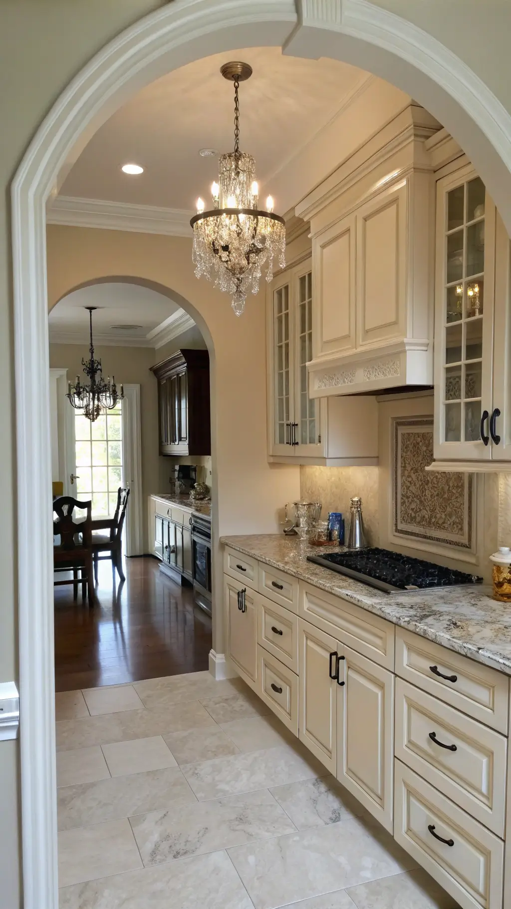 Traditional galley kitchen with off-white cabinets and granite countertops