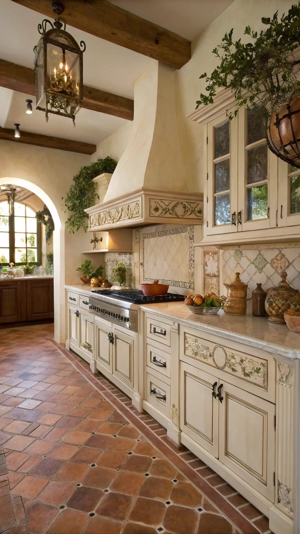 Mediterranean kitchen with off-white carved cabinets and terracotta floors