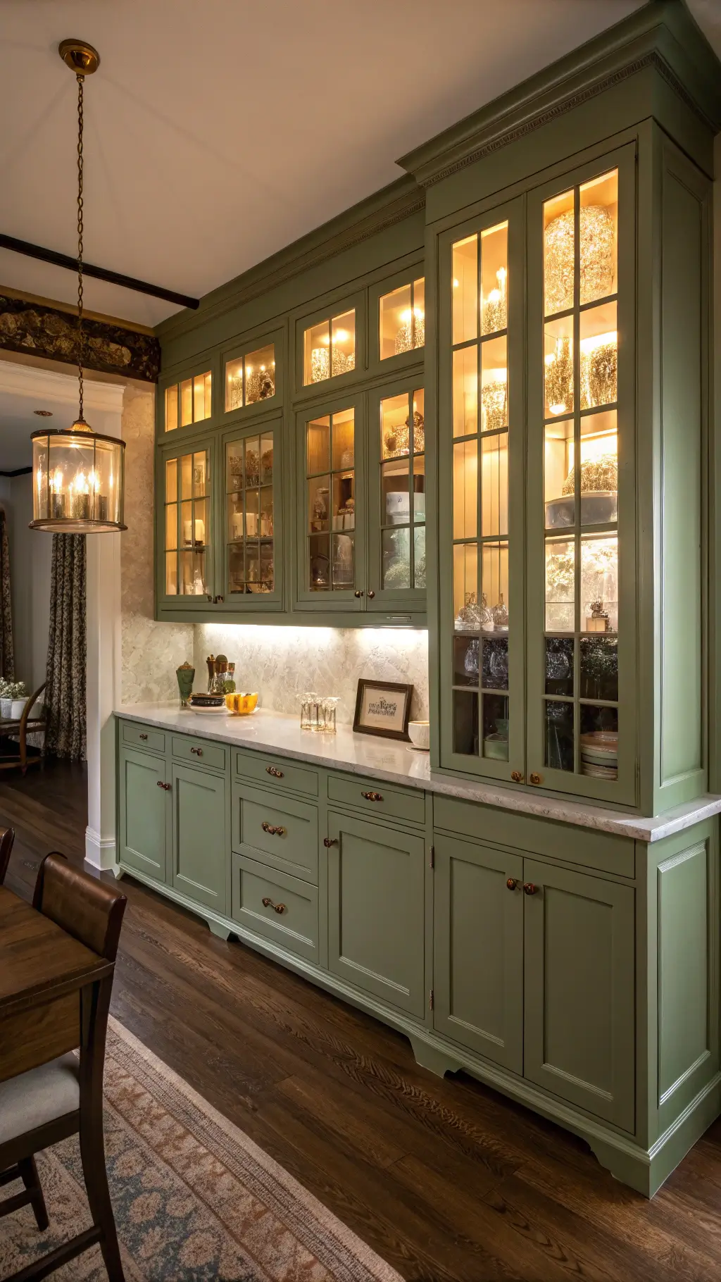 Traditional kitchen nook with sage green inset cabinets and oak flooring
