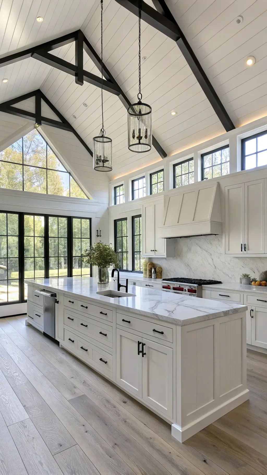 Modern farmhouse kitchen with white inset cabinets and matte black hardware