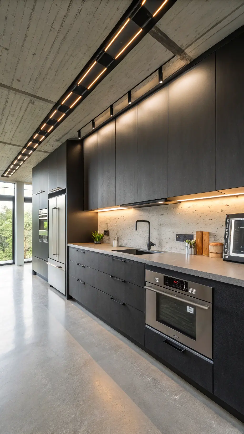 Contemporary minimalist kitchen with dark charcoal inset cabinets and stainless steel appliances