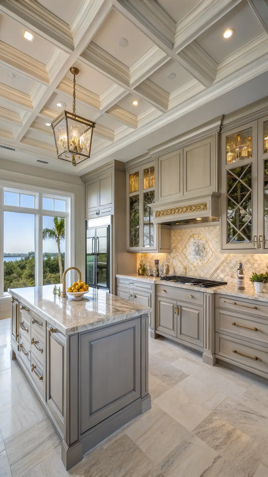 Luxurious coastal kitchen with dove gray inset cabinets and Calcutta gold marble backsplash