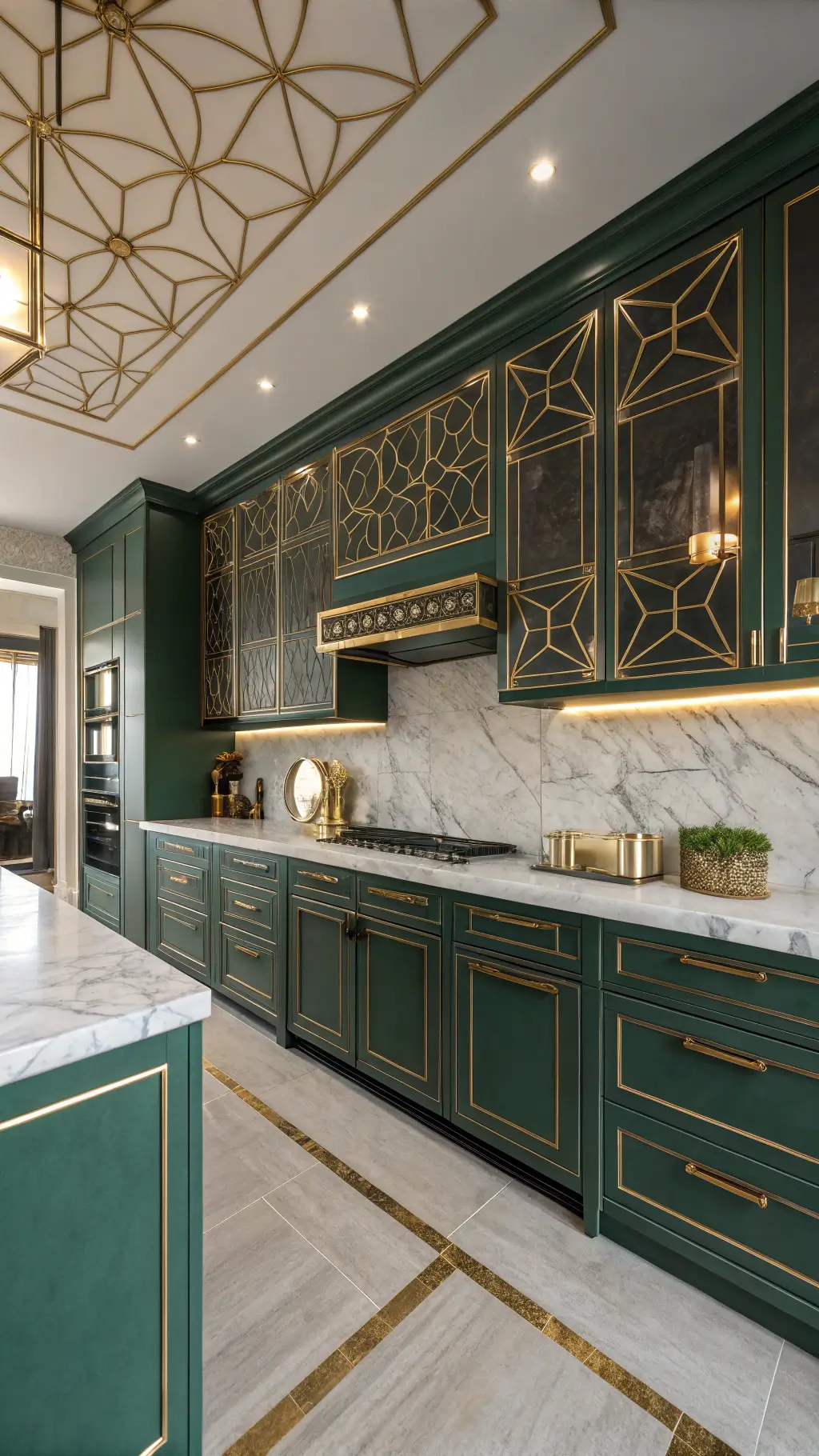 Art deco kitchen with emerald green inset cabinets and brass inlays