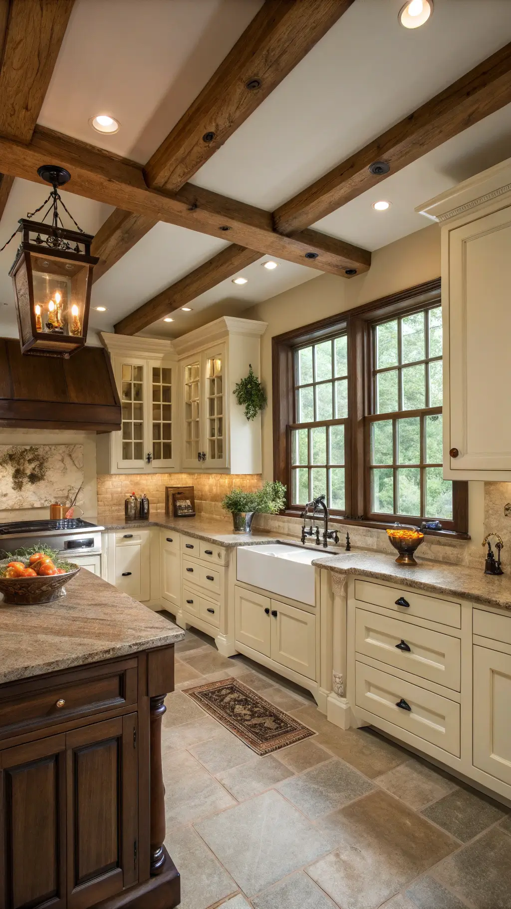 English country kitchen with cream inset cabinets and soapstone countertops