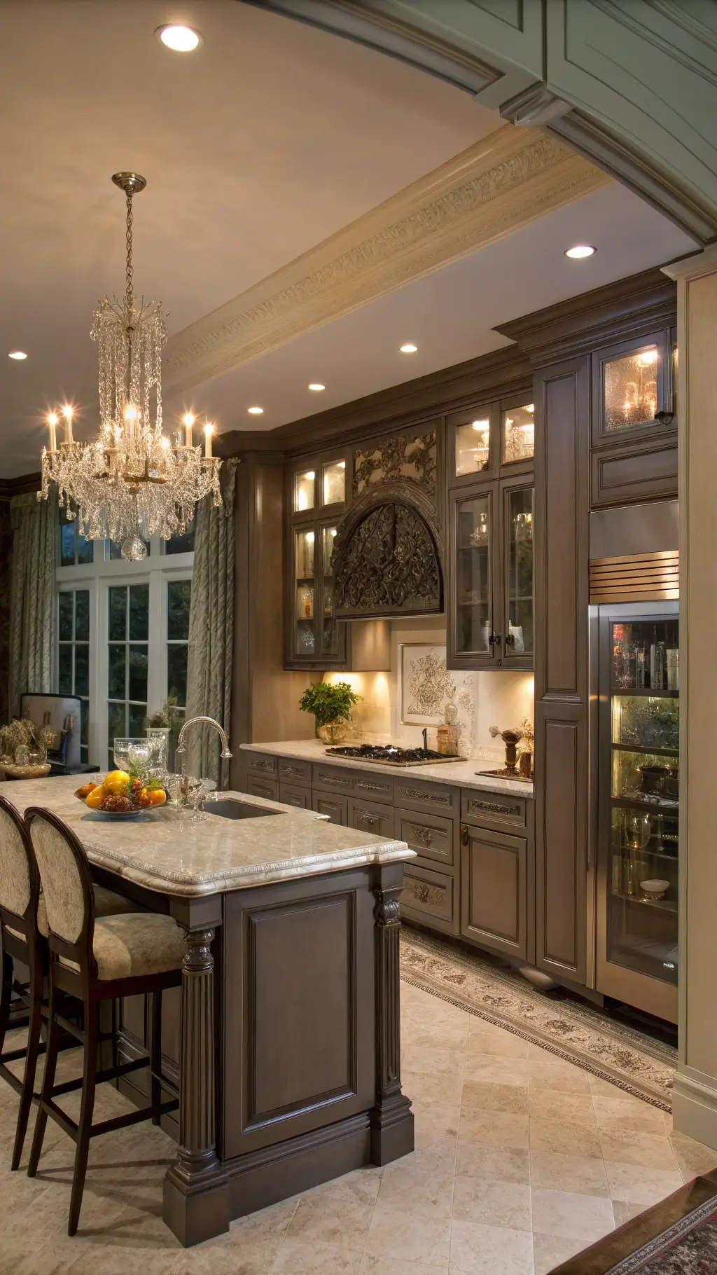 Elegant traditional kitchen at twilight with dark taupe cabinets, crystal chandelier, marble-topped island, antique mirror backsplash, velvet barstools, and vintage styling shot from dining room.