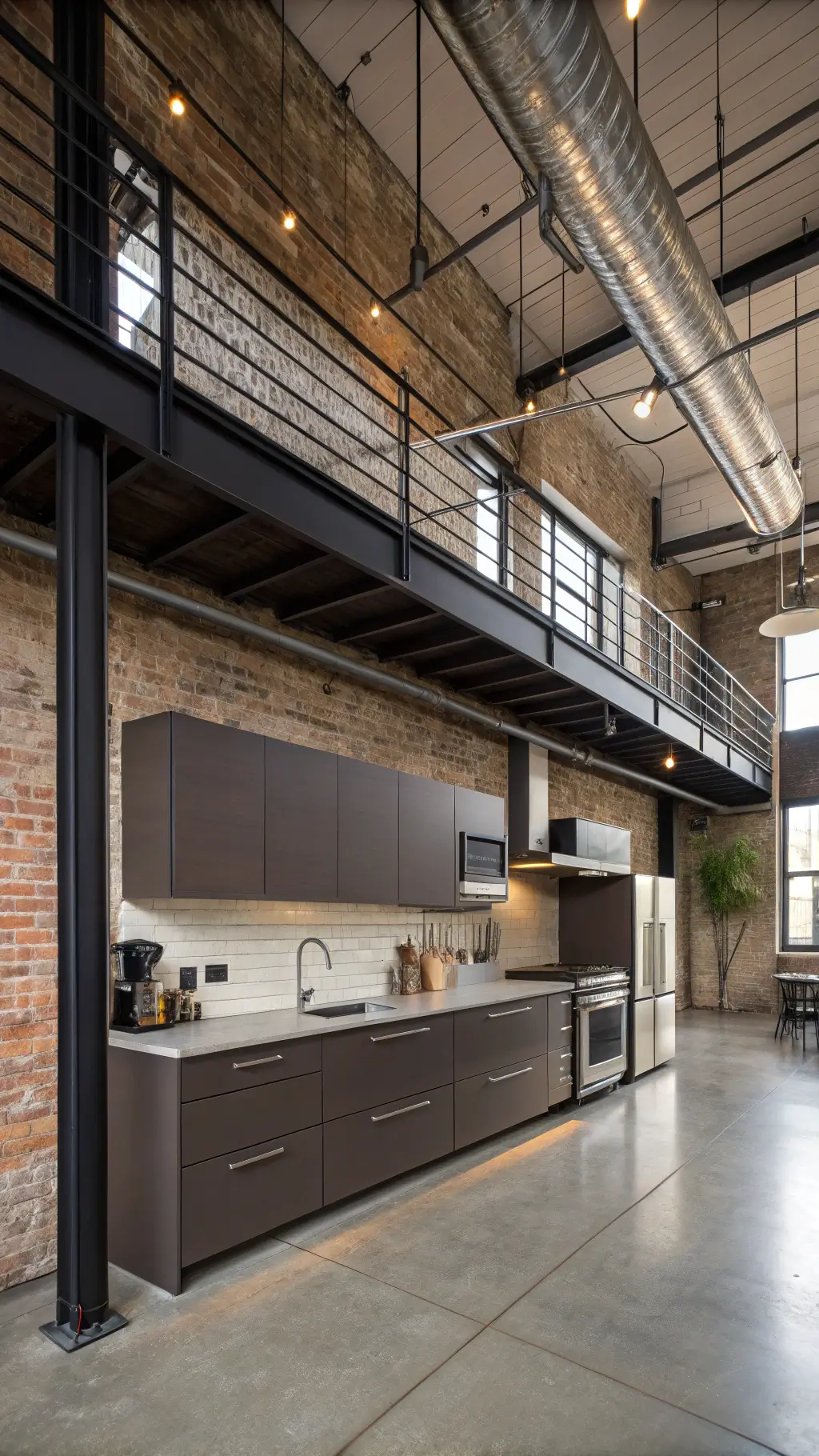 Spacious industrial-chic kitchen with dark taupe cabinets, exposed brick wall, steel beams, ductwork, and shiny concrete floors, viewed from a mezzanine level, furnished with commercial-style stainless appliances and styled with professional cookware, metal bar cart, and geometric pendant lights.