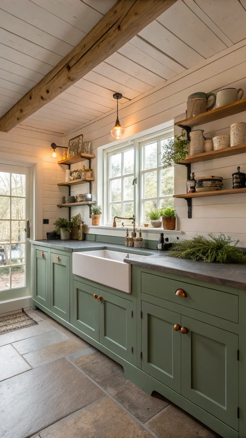 Farmhouse kitchen with sage-infused emerald cabinets, soapstone counters, copper fixtures, exposed wooden beams, and open shelving