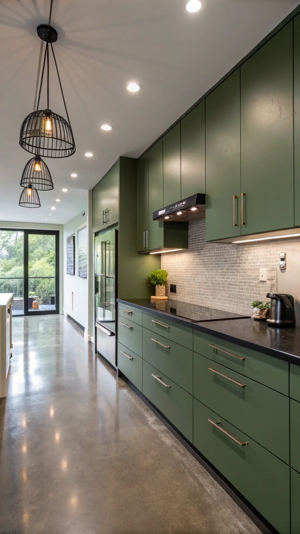 Contemporary galley kitchen with minimalist flat-panel emerald cabinets, polished concrete floors, black granite countertops, geometric lighting, and steel appliances