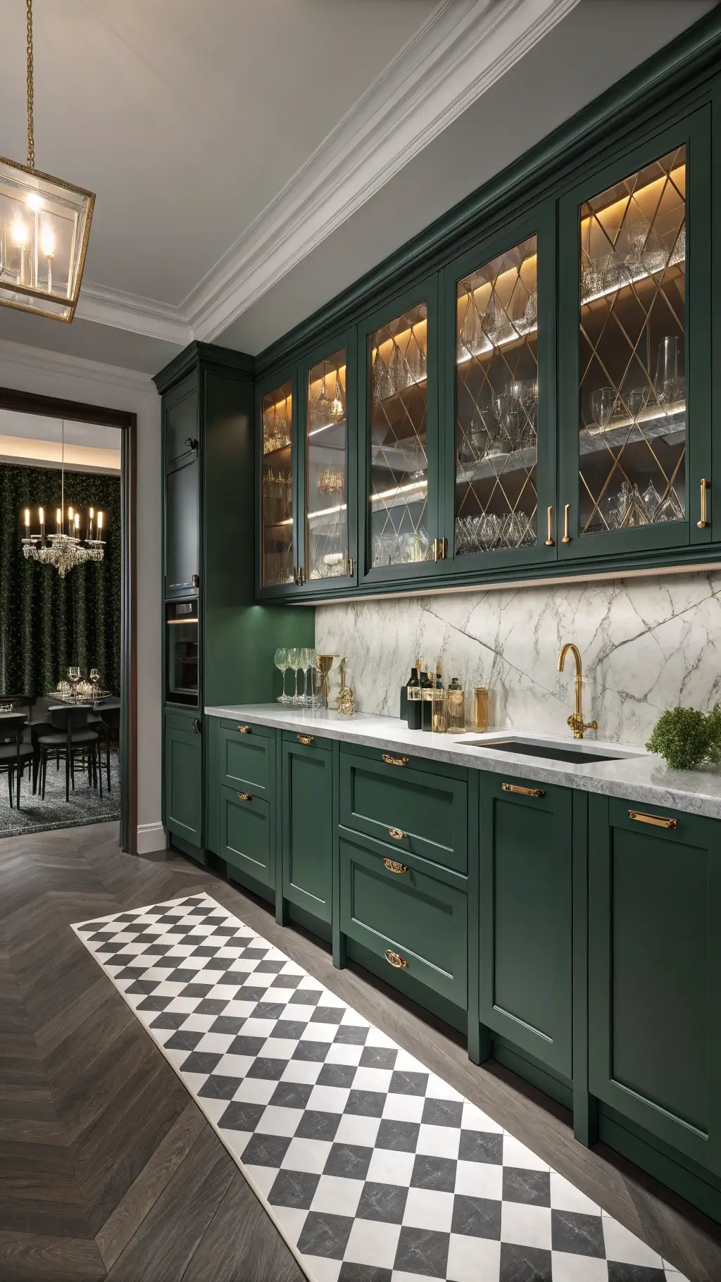 Art deco kitchen with emerald cabinets, chevron marble backsplash, gold geometric hardware, crystal decanters, checkered floors, sconce lighting, and velvet stools