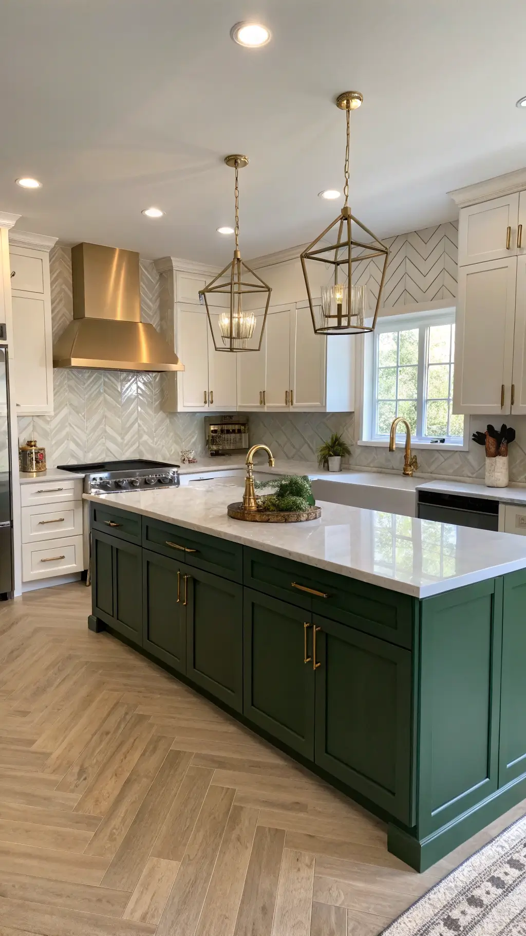 Transitional kitchen with emerald and cream cabinets, quartz waterfall island, herringbone wood floors, mixed metal accents, and oversized lantern pendants