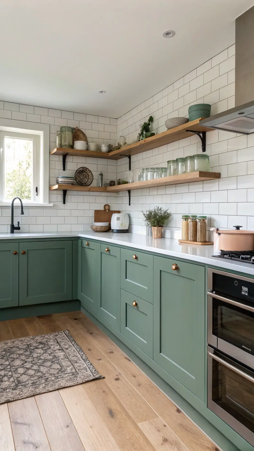 Nordic modern kitchen with muted emerald cabinets, pale oak floors, white subway tiles, and minimal hardware