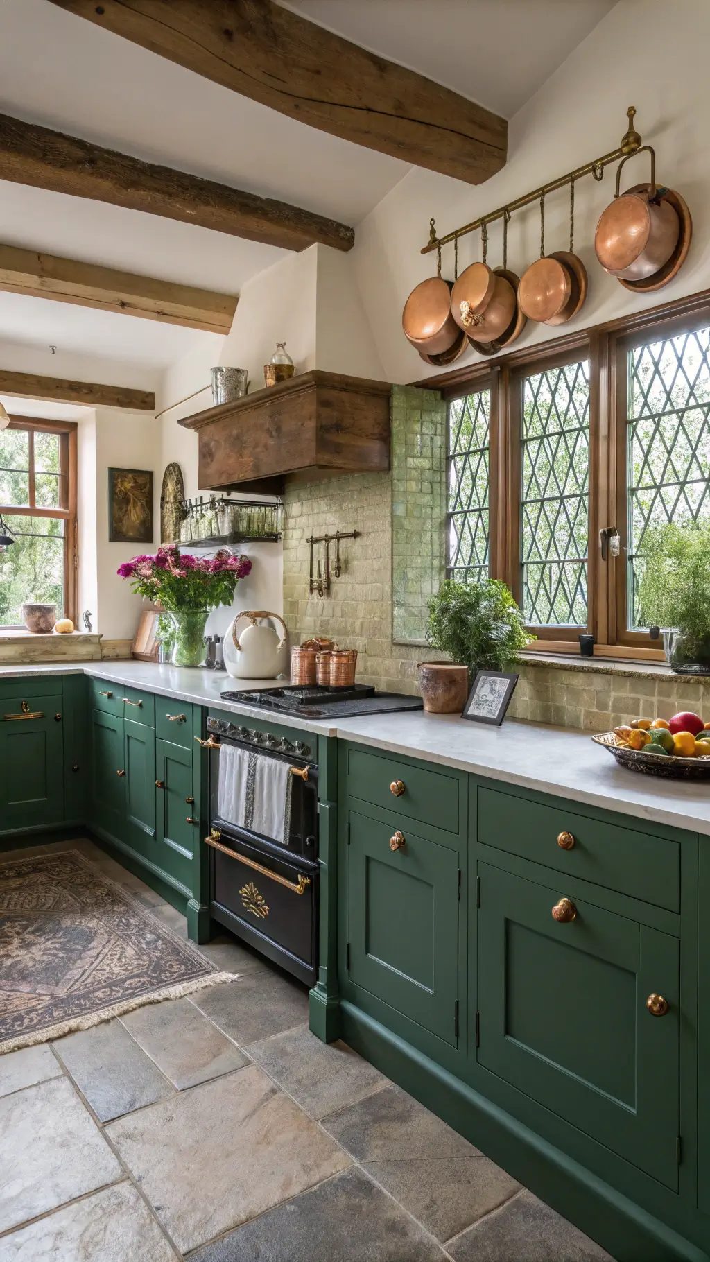 Classic English country kitchen with rich emerald cabinets, butcher block counters, copper pots, cream Aga range, antique brass hardware, and fresh flowers